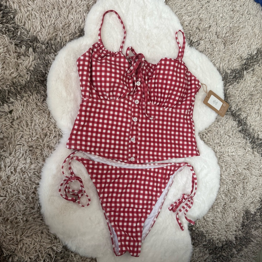 Red Gingham Tie-Front Tankini Bikini Set